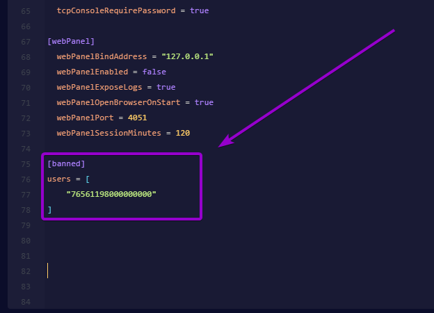 Cybrancee Panel text editor showing the banned section and users array configured with a SteamID64 inside permissions.toml