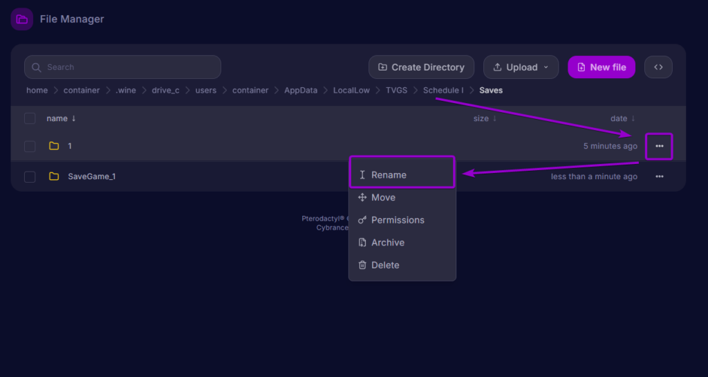 Cybrancee Panel File Manager showing options menu with Rename highlighted on default save folder 1
