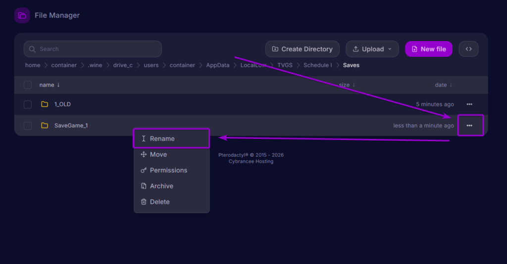 Cybrancee Panel File Manager showing options menu with Rename highlighted on uploaded save folder SaveGame_1