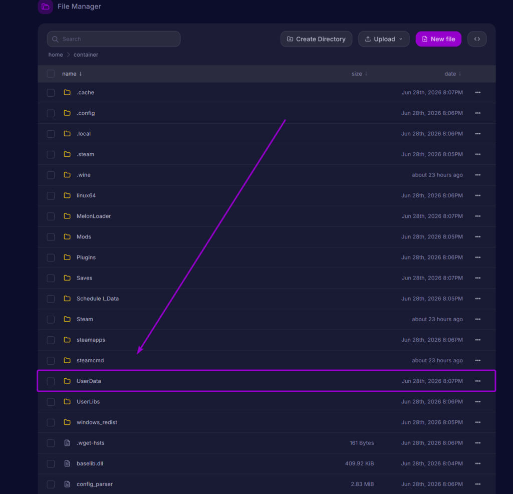 Cybrancee Panel File Manager root directory with the UserData folder highlighted