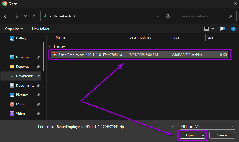 File Explorer open dialog selecting the downloaded BetterEmployees zip file with Open button highlighted