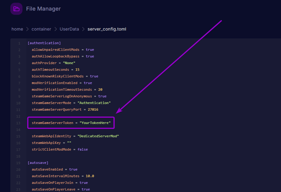 Cybrancee Panel text editor showing server_config.toml with the steamGameServerToken setting highlighted