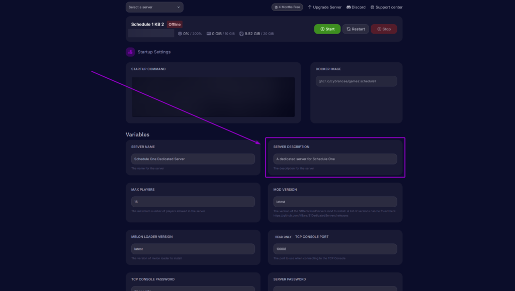 The Cybrancee panel Startup Settings page with a purple box and arrow highlighting the Server Description variable input field.