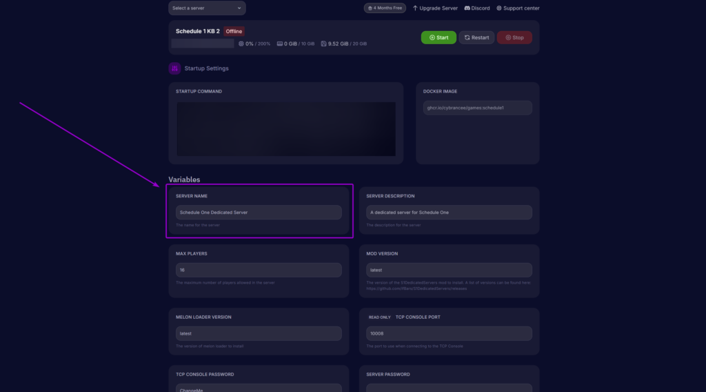 The Cybrancee panel Startup Settings page with a purple box and arrow highlighting the Server Name variable input field.