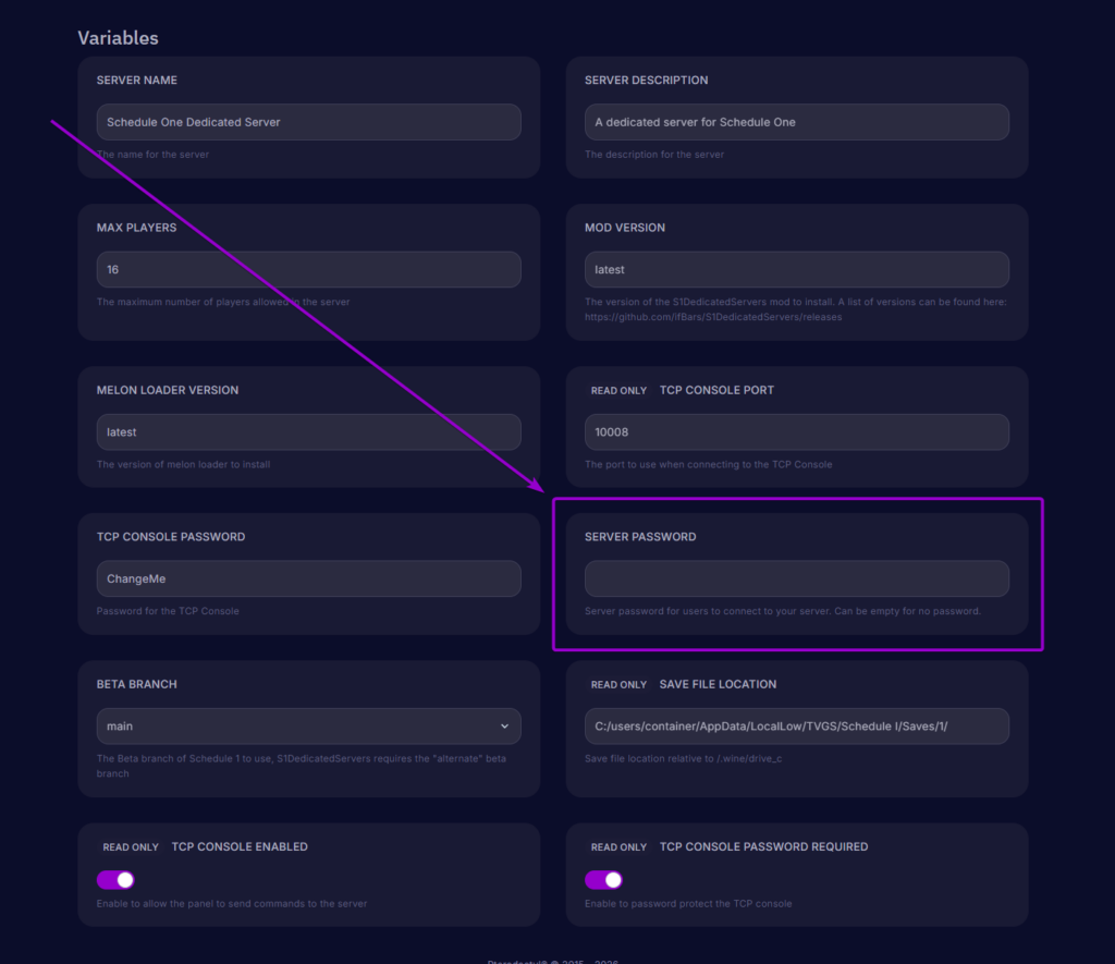 The Cybrancee panel Startup Settings page with a purple box and arrow highlighting the Server Password variable input field.