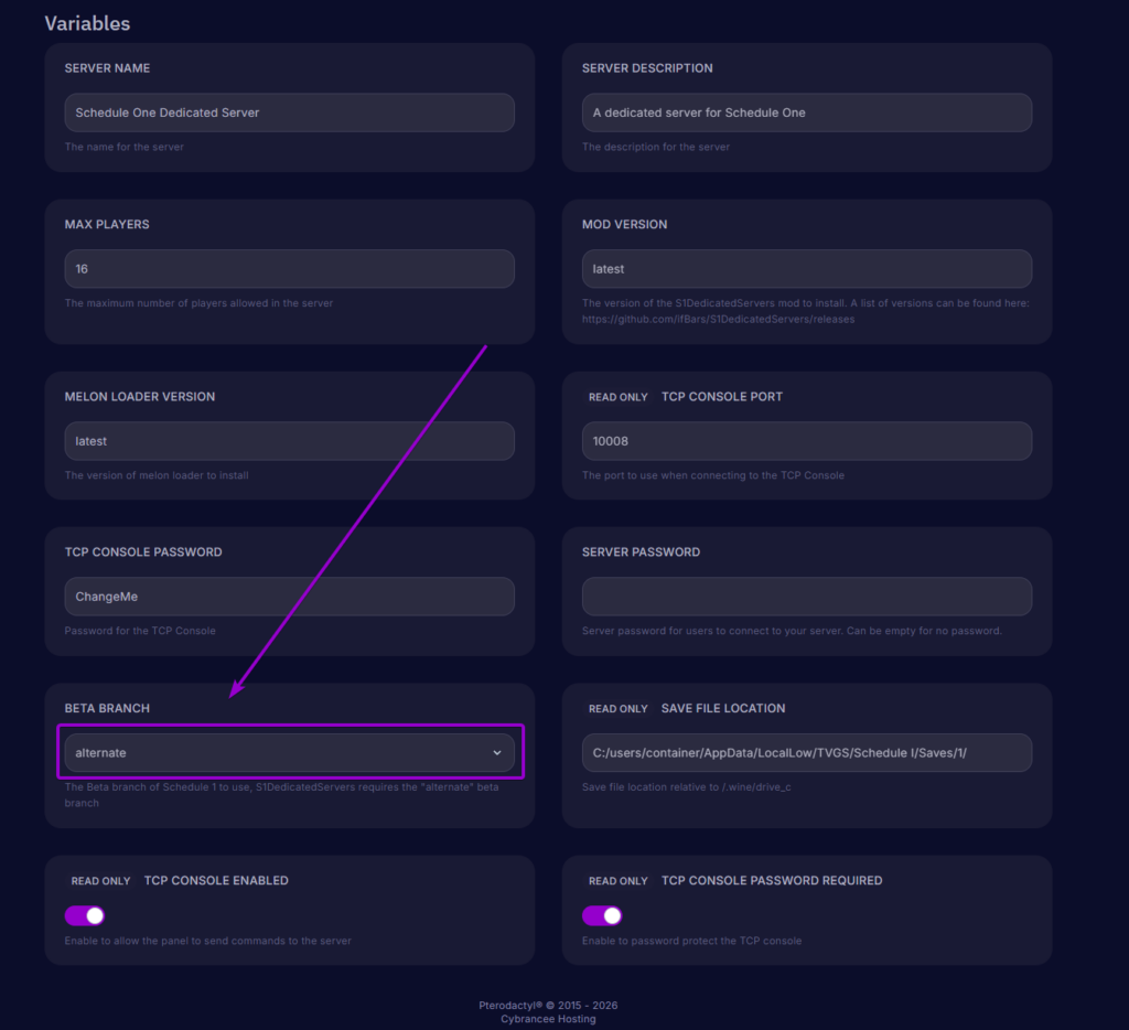 Cybrancee Panel Startup Variables page showing Beta Branch set to alternate highlighted