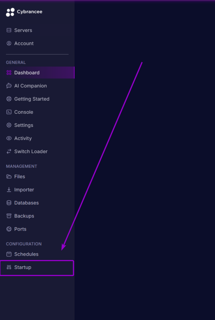 The left-hand navigation sidebar of the Cybrancee panel with a purple box and arrow highlighting the Startup tab under the Configuration section.