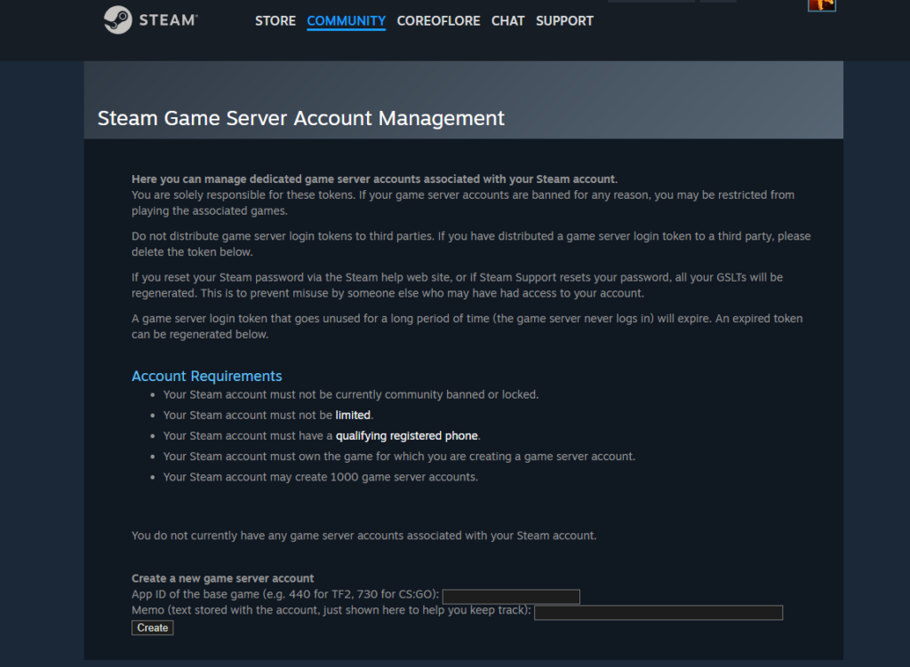 Steam Game Server Account Manager landing page displaying account requirements and server creation fields