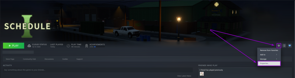 Steam Library page for Schedule 1 showing settings gear menu with Properties highlighted