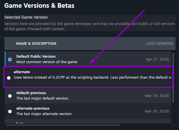 Steam Game Versions and Betas menu showing the alternate branch option selected