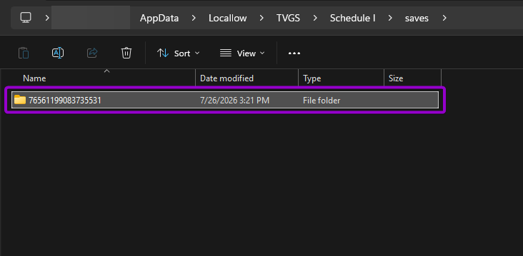 Windows File Explorer showing SteamID64 folder inside local Schedule 1 saves directory