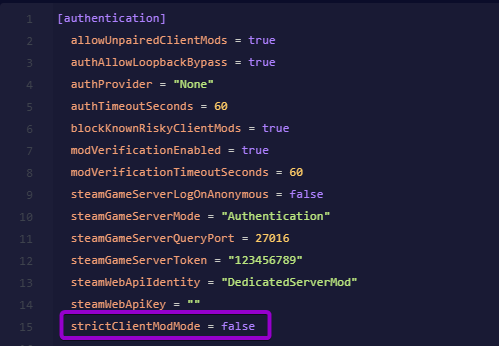 Cybrancee Panel text editor showing strictClientModMode set to false in server_config.toml