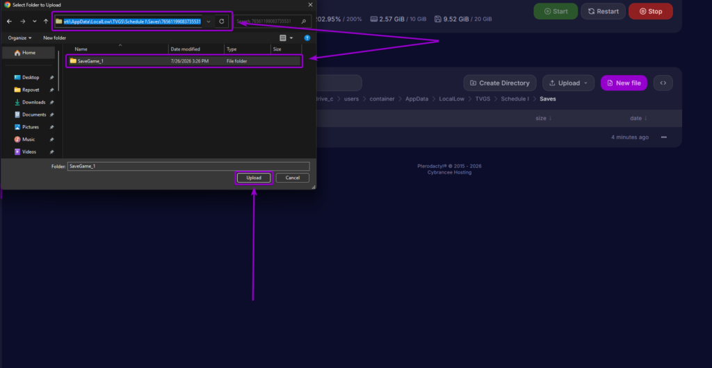 Windows file upload dialog with local save path pasted into address bar and SaveGame_1 folder selected