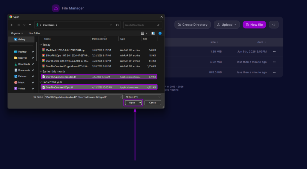 Windows File Explorer open dialog selecting S1API.Il2Cpp.MelonLoader.dll and OverTheCounter.Il2Cpp.dll for upload
