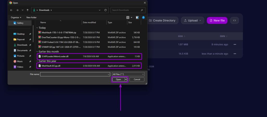 Windows File Explorer open dialog selecting S1APILoader.MelonLoader.dll and MeshVault.Il2Cpp.dll for upload