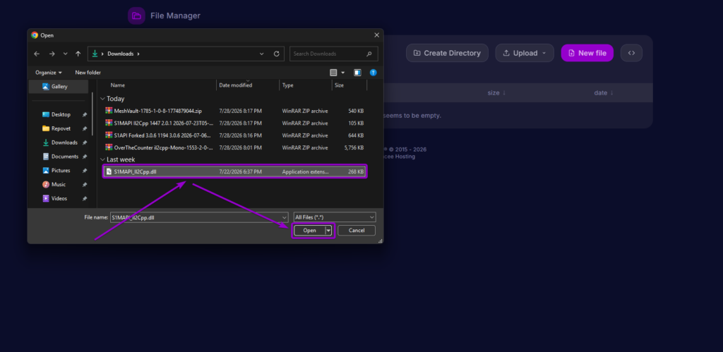 Windows File Explorer open dialog selecting S1MAPI_Il2Cpp.dll for upload with Open button highlighted
