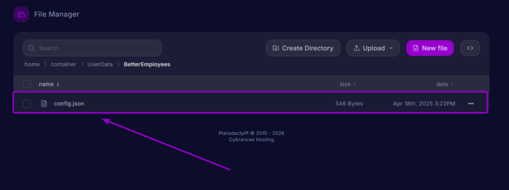 Cybrancee Panel File Manager displaying config.json highlighted inside UserData BetterEmployees directory
