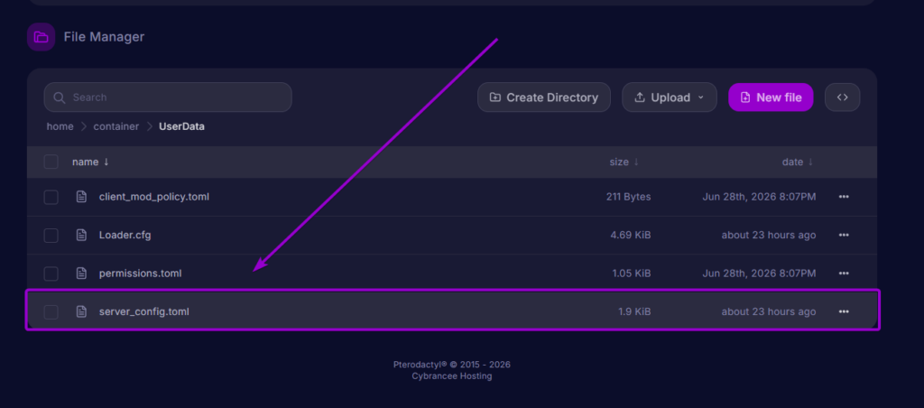 Cybrancee Panel File Manager UserData folder with server_config.toml highlighted