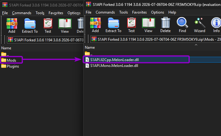 WinRAR archive view showing S1API.Il2Cpp.MelonLoader.dll highlighted inside the Mods subfolder