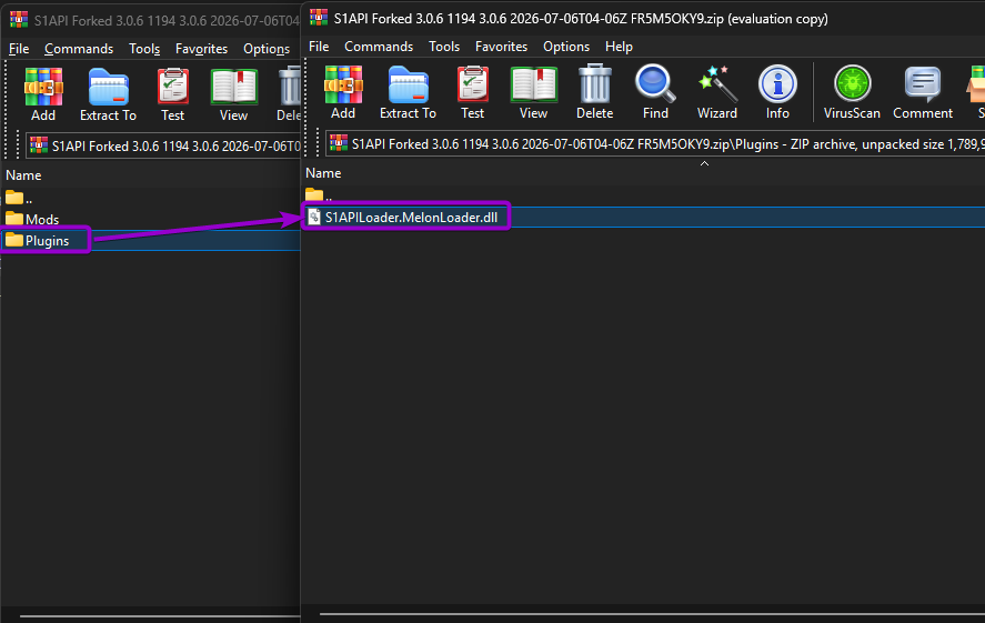 WinRAR archive view showing S1APILoader.MelonLoader.dll highlighted inside the Plugins subfolder