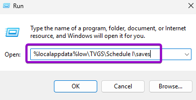 Windows Run dialog box with Schedule 1 local save directory path entered