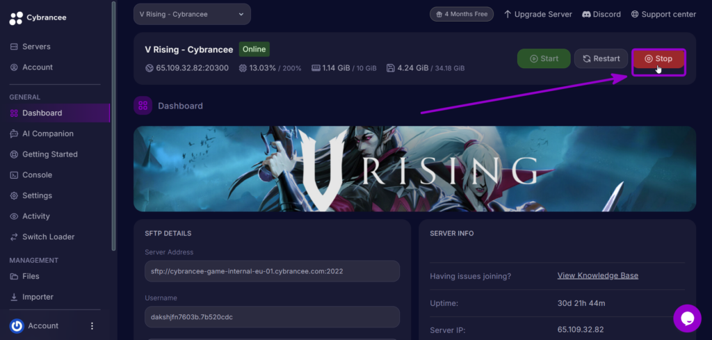 Vrising Dashboard open highlighted with arrow