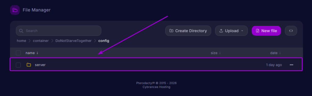 The file manager highlighting the server directory.