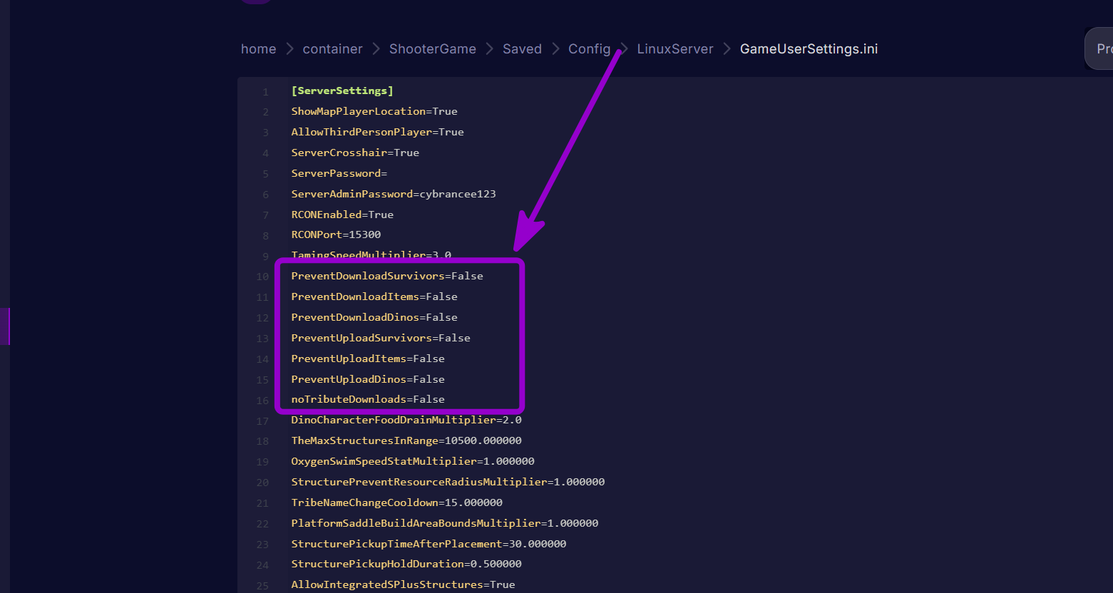 ''GameUserSettings.ini Variables" outlined with arrow