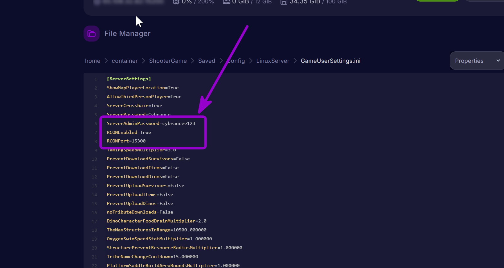 'ServerAdminPassword,RCONEnabled and RCONPort' outlined with arrow