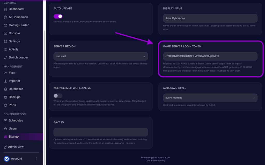 Cybrancee Game Panel on a Aska Server in Startup Tab with GSLT Field Highlighted