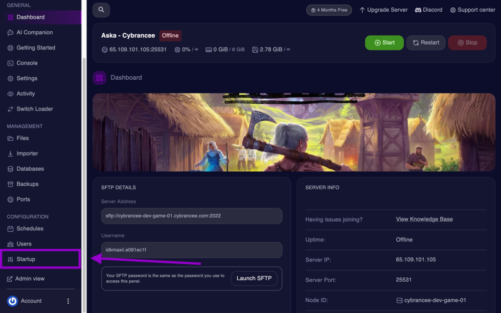 Cybrancee Panel on Aska Server with Startup Section highlighted.