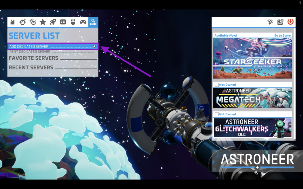 Astroneer Server List Menu with Add Dedicated Server button highlighted