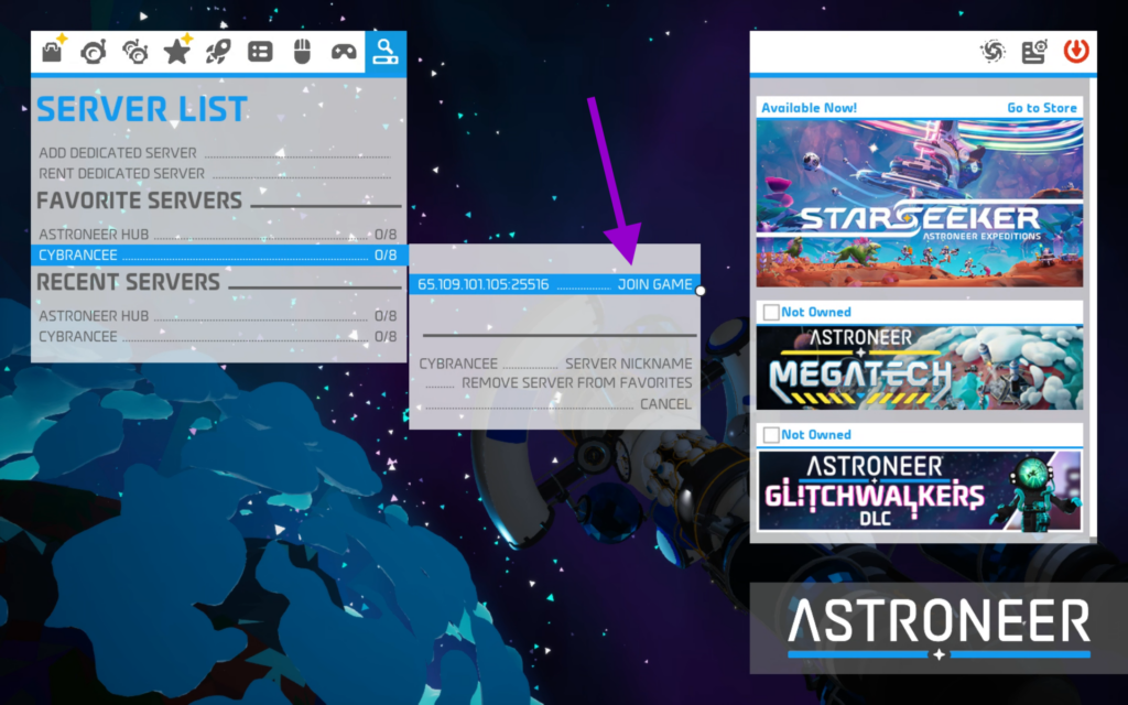 Astroneer with Connect button highlighted