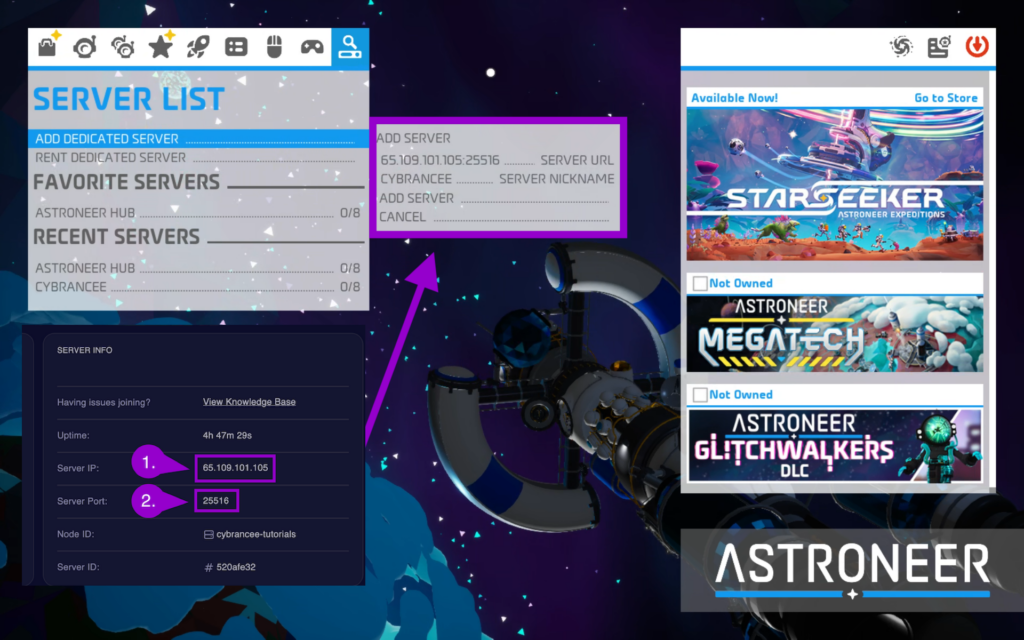 Astroneer Dedicated Server Menu highlighted with Server Info being attached.