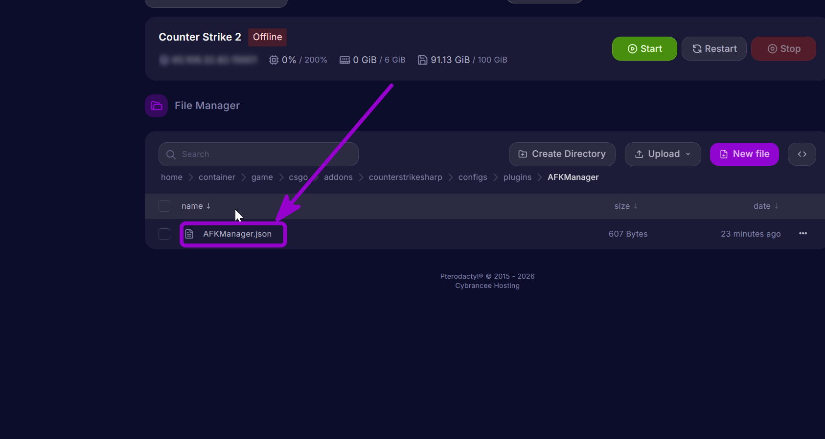 'AFkManager.json' outlined with arrow