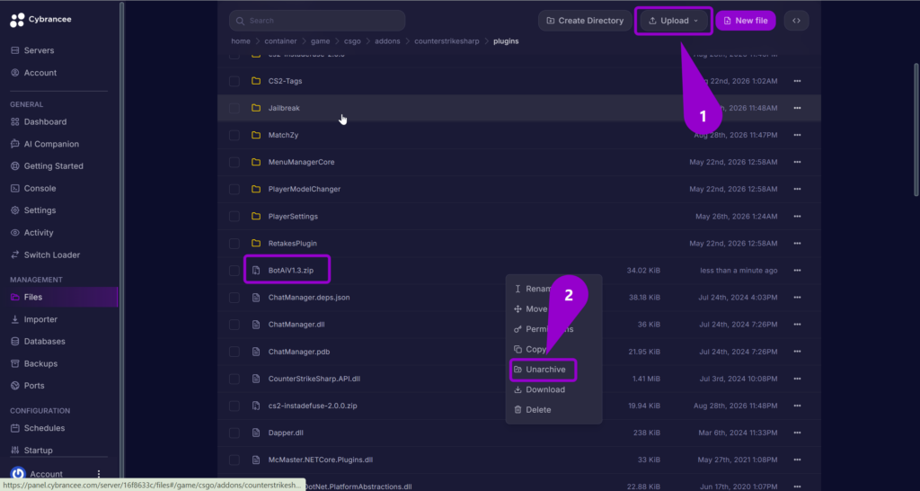 Step 1 highlights the "Upload" button to add a file to the plugins directory. Step 2 highlights the "Unarchive" option within the context menu of the newly uploaded cs2-BotAiV1.3.zip file.