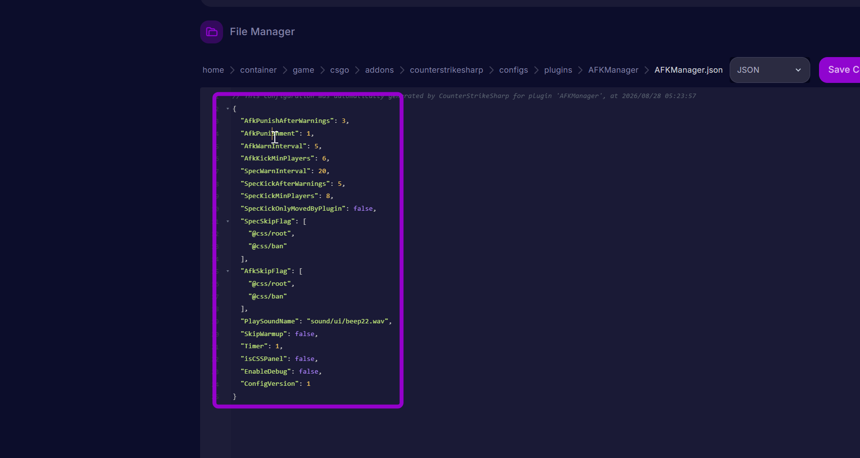 Modify your AFkManager.json file

