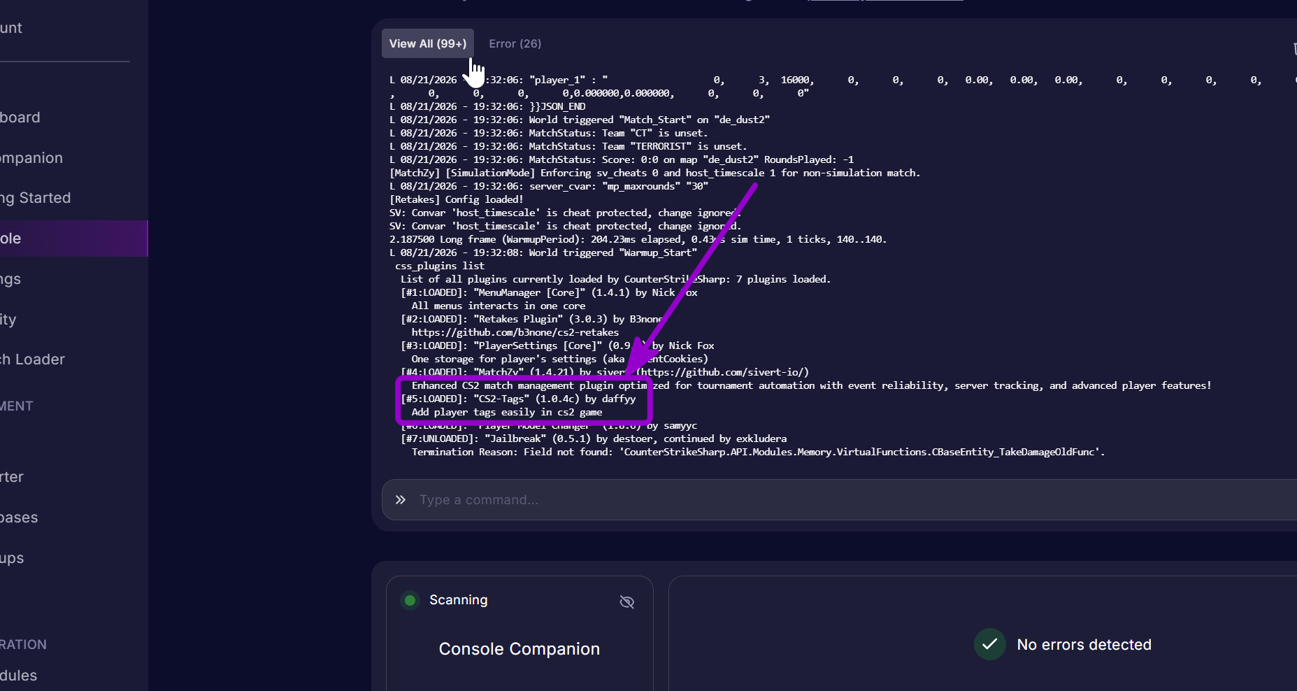 'CS2-Tags(1.0.4c) by daffyy' outlined with arrow