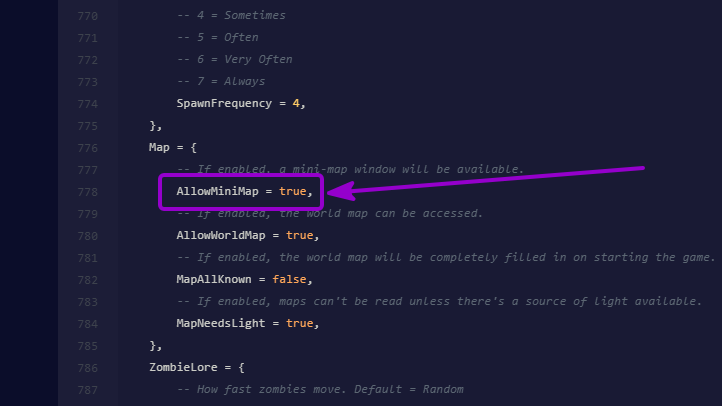 Project Zomboid - 'AllowMiniMap' option outlined with arrow