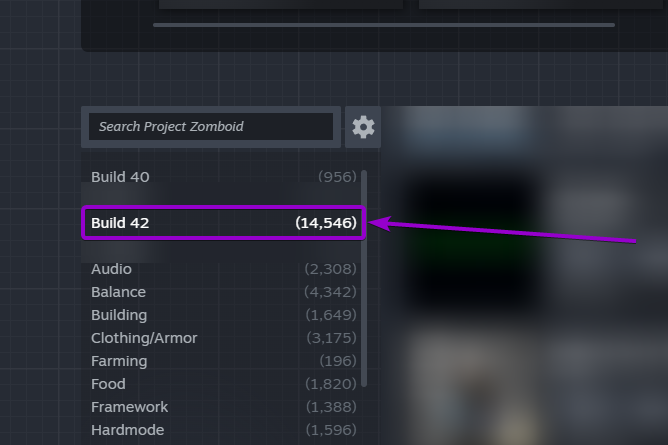 Project Zomboid - 'Build 42' category outlined with arrow (rm)