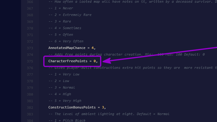 Project Zomboid - 'CharacterFreePoints' option outlined with arrow