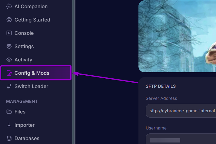 Project Zomboid - 'Config & Mods' tab outlined with arrow