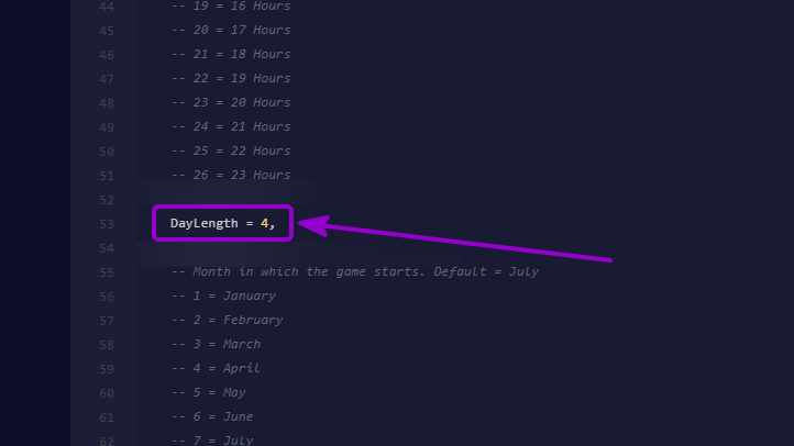 Project Zomboid - 'DayLength' parameter outlined with arrow