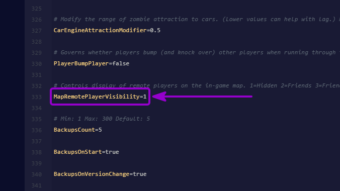 Project Zomboid - 'MapRemotePlayerVisibility' outlined with arrow