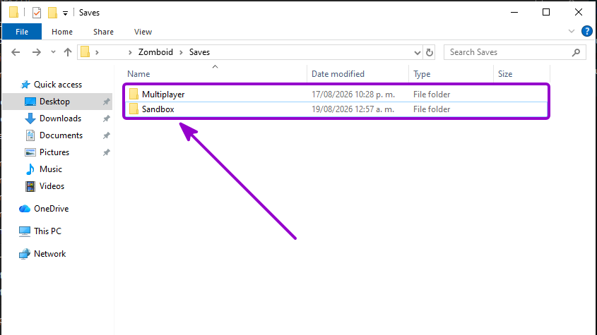 Project Zomboid - Preset save folders outlined with arrow