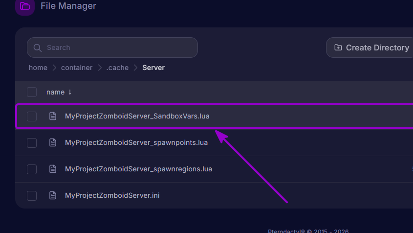 Project Zomboid - 'SandboxVars' file outlined with arrow (rm)