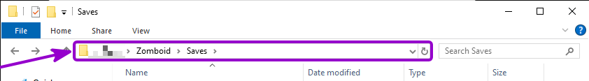 Project Zomboid - 'Saves' folder path outlined with arrow