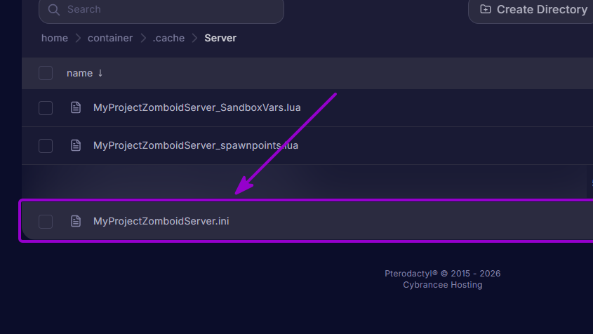 Project Zomboid - 'Server ini' file outlined with arrow (rm)