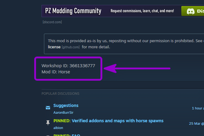 Project Zomboid - 'WorkshopItems' and Mod-ID' outlined with arrow
