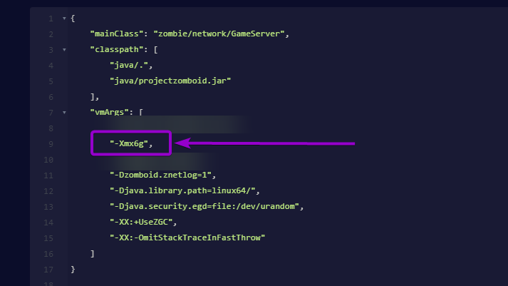 Project Zomboid - 'projectzomboid64_json' file with the JVM argument highlighted